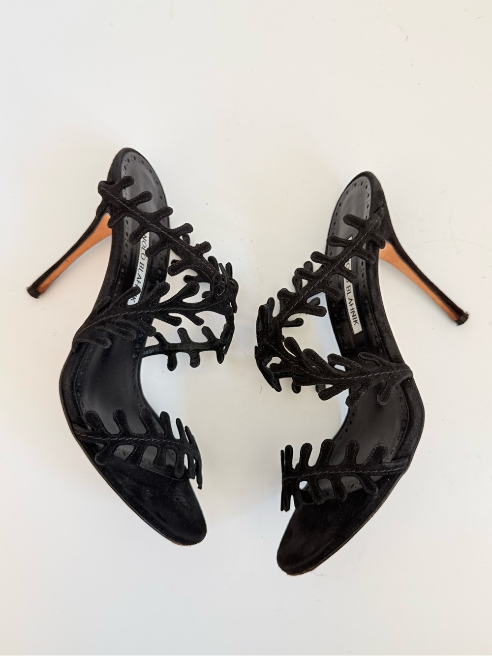 Vintage Manolo Blahnik Black Suede Coral Branch Heels 38.5 Rare Y2K Archival - Picture 4 of 9